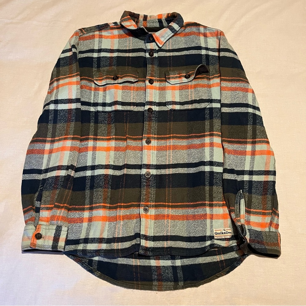 Quiksilver Mens Shirt Blue Medium Plaid Long Sleeve Button Up